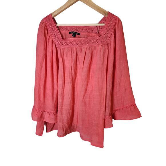 ZAC AND RACHEL Coral Square Lace Neck 3/4 Bell Sleeve Boho Top Large - Picture 1 of 8